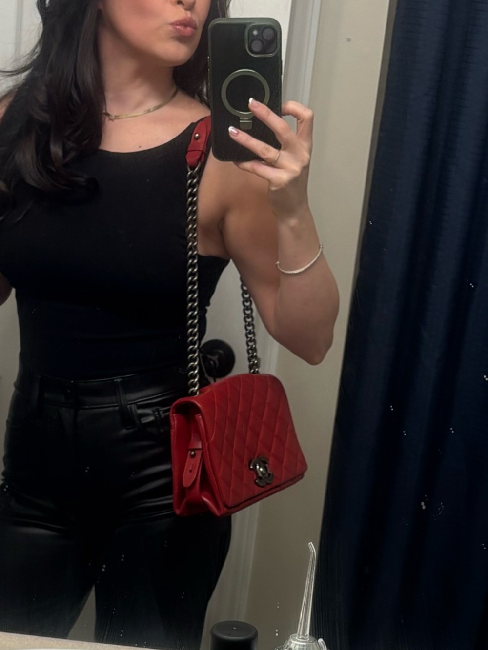CHANEL Red Quilted Small Shoulder Bag with Chain with Card! Authentic.